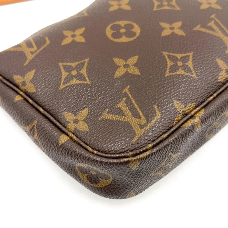 LOUIS VUITTON POCHETTE ACCESSOIRES MONOGRAM HANDBAG BROWN LEATHER PVC GOLD