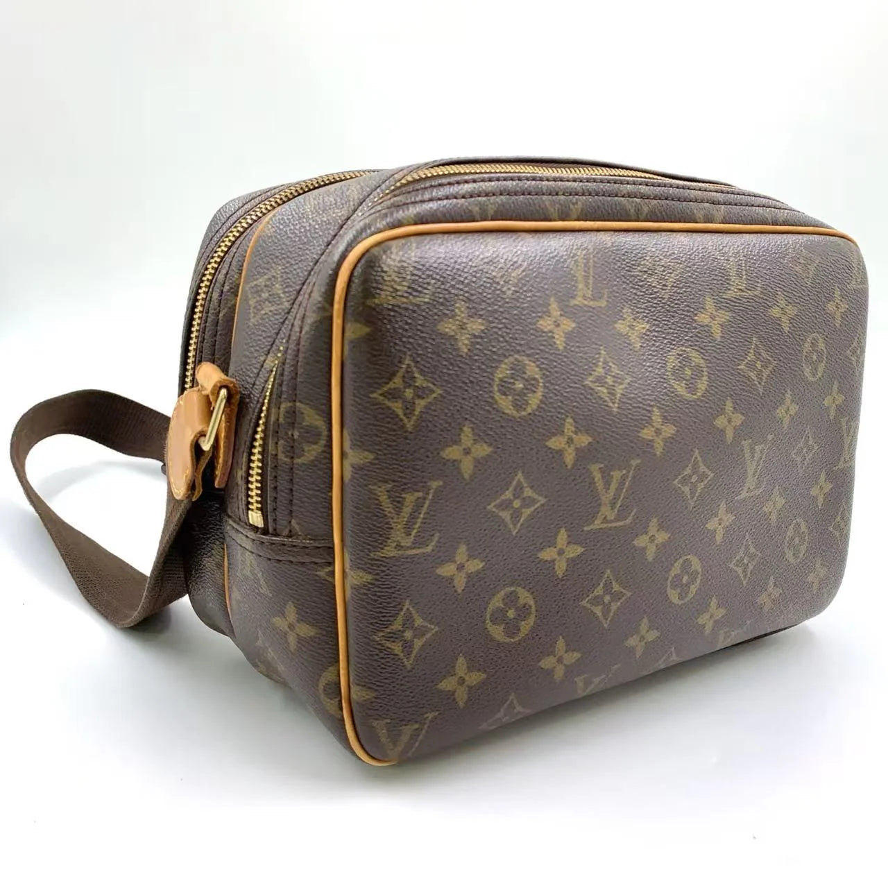 LOUIS VUITTON REPORTER PM MONOGRAM SHOULDER BAG BROWN LEATHER PVC GOLD