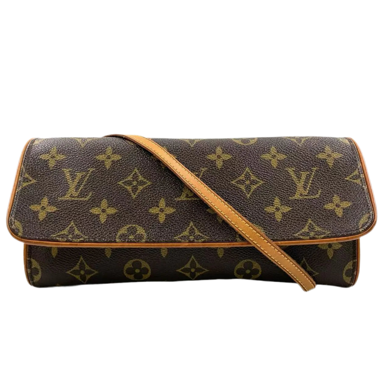 LOUIS VUITTON POCHETTE TWIN GM MONOGRAM SHOULDER BAG BROWN LEATHER PVC GOLD