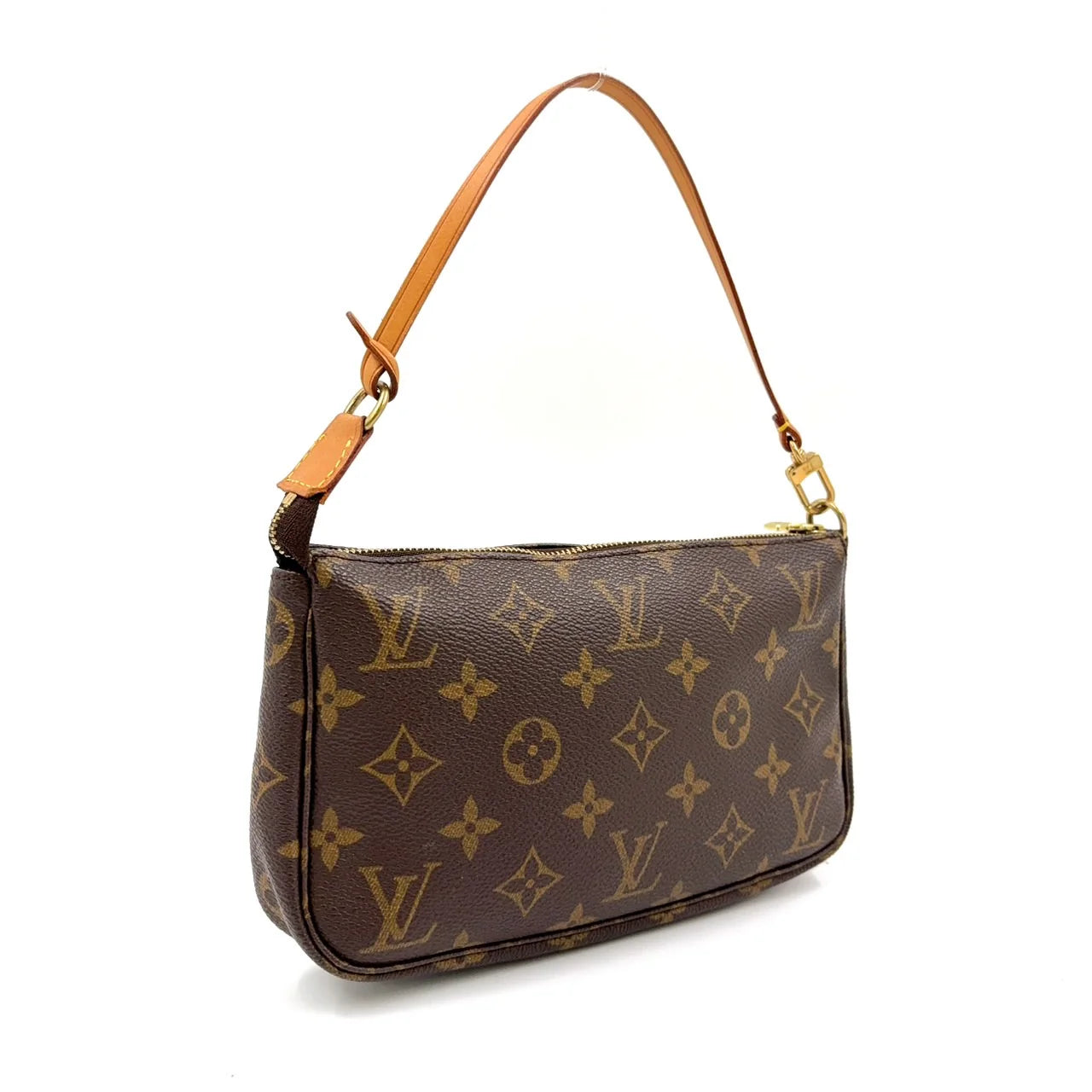 LOUIS VUITTON POCHETTE ACCESSOIRES MONOGRAM HANDBAG BROWN LEATHER PVC GOLD