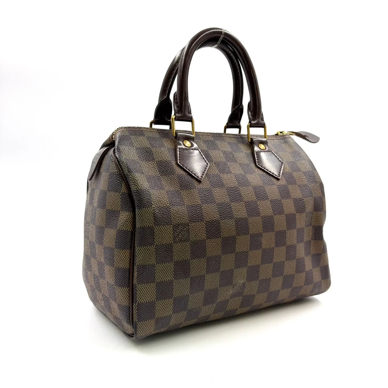 LOUIS VUITTON SPEEDY 25 DAMIER EBENE HANDBAG BROWN LEATHER PVC GOLD