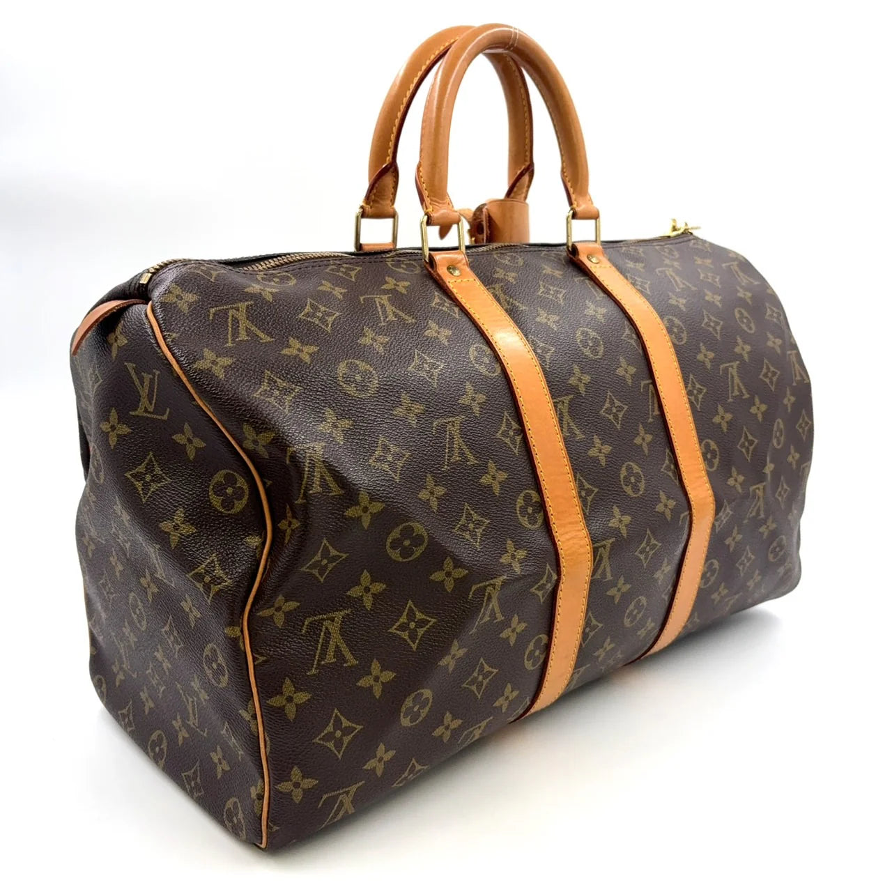 LOUIS VUITTON KEEPALL 45 MONOGRAM BOSTON BAG BROWN LEATHER PVC GOLD