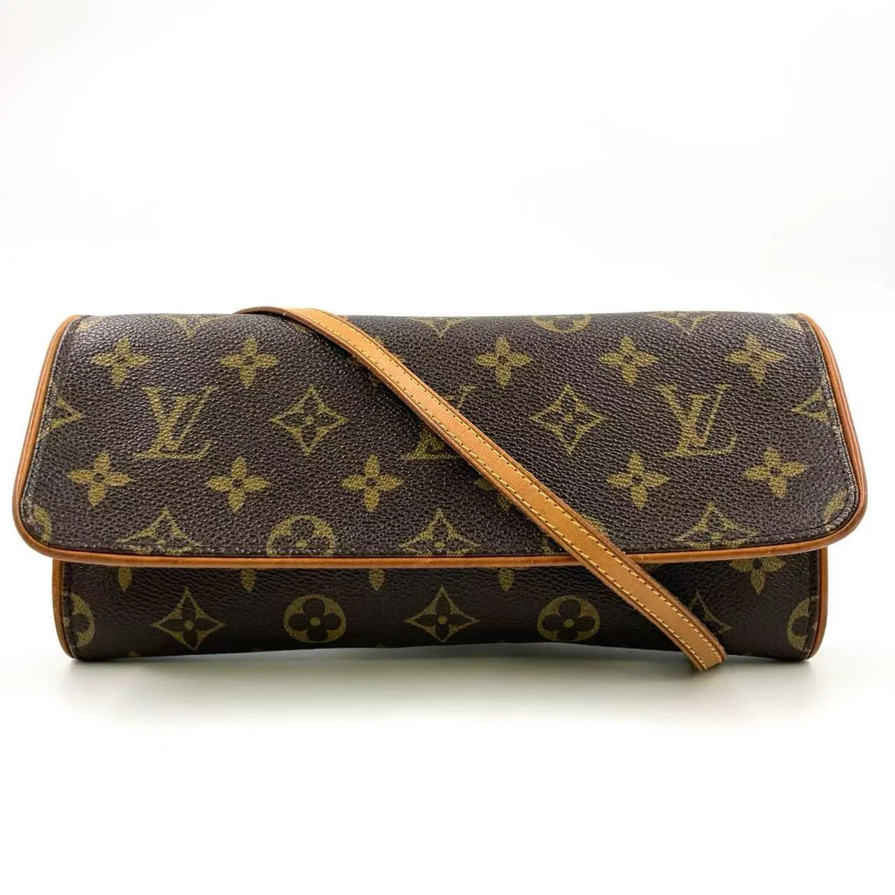 LOUIS VUITTON POCHETTE TWIN GM MONOGRAM SHOULDER BAG BROWN LEATHER PVC GOLD