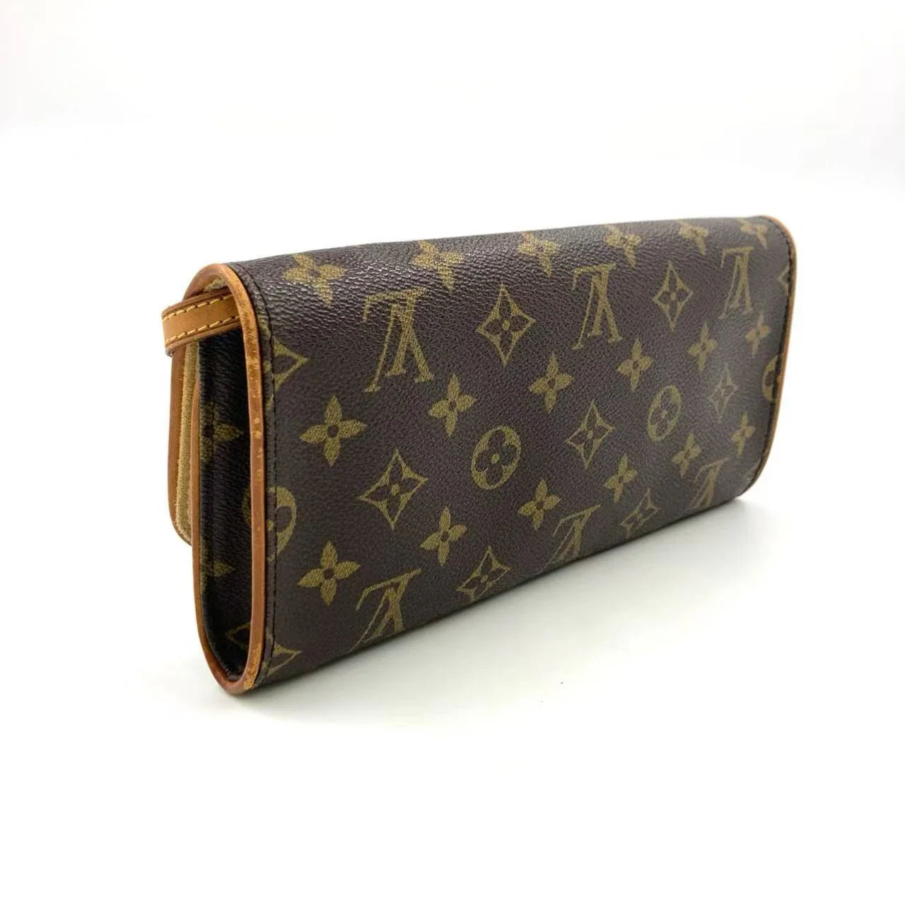 LOUIS VUITTON POCHETTE TWIN GM MONOGRAM SHOULDER BAG BROWN LEATHER PVC GOLD