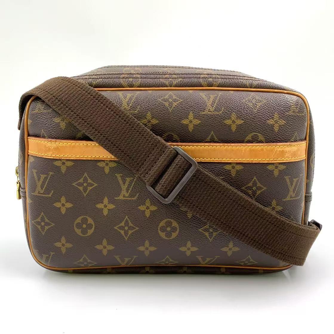 LOUIS VUITTON REPORTER PM MONOGRAM SHOULDER BAG BROWN LEATHER PVC GOLD